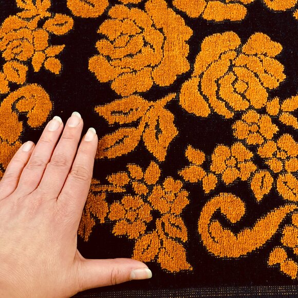Vintage SEARS Navy Blue Rusty Gold Florals Bath Towel 25"x41" Reversible - Picture 5 of 10